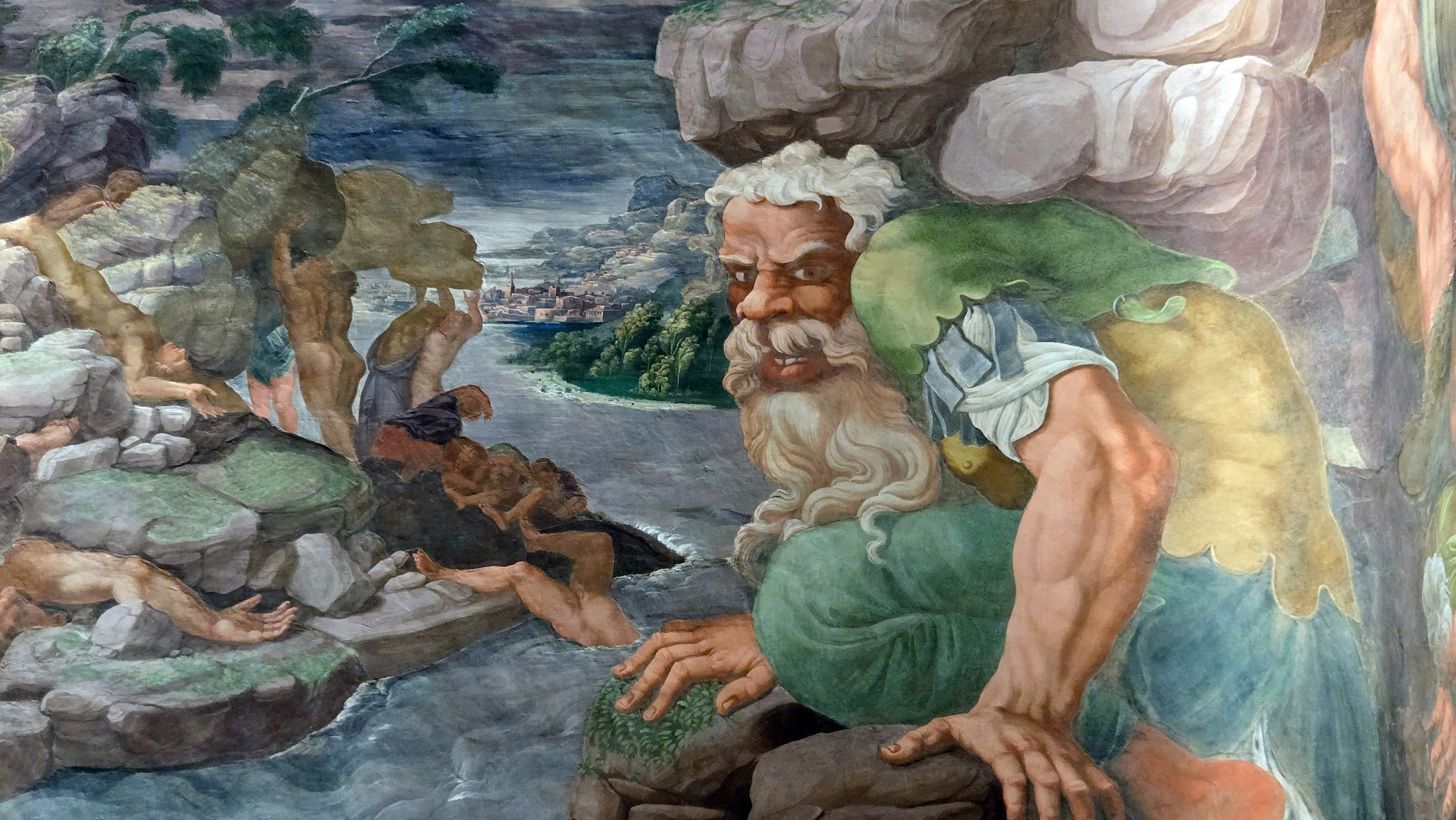 Renaissance-style painting of a seated bearded figure in a rocky landscape